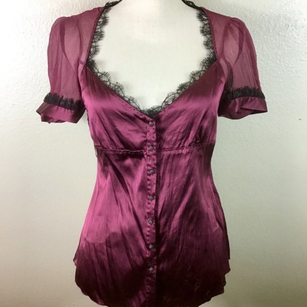 Elie Tahari Cynara Silk Lace Trim Blouse